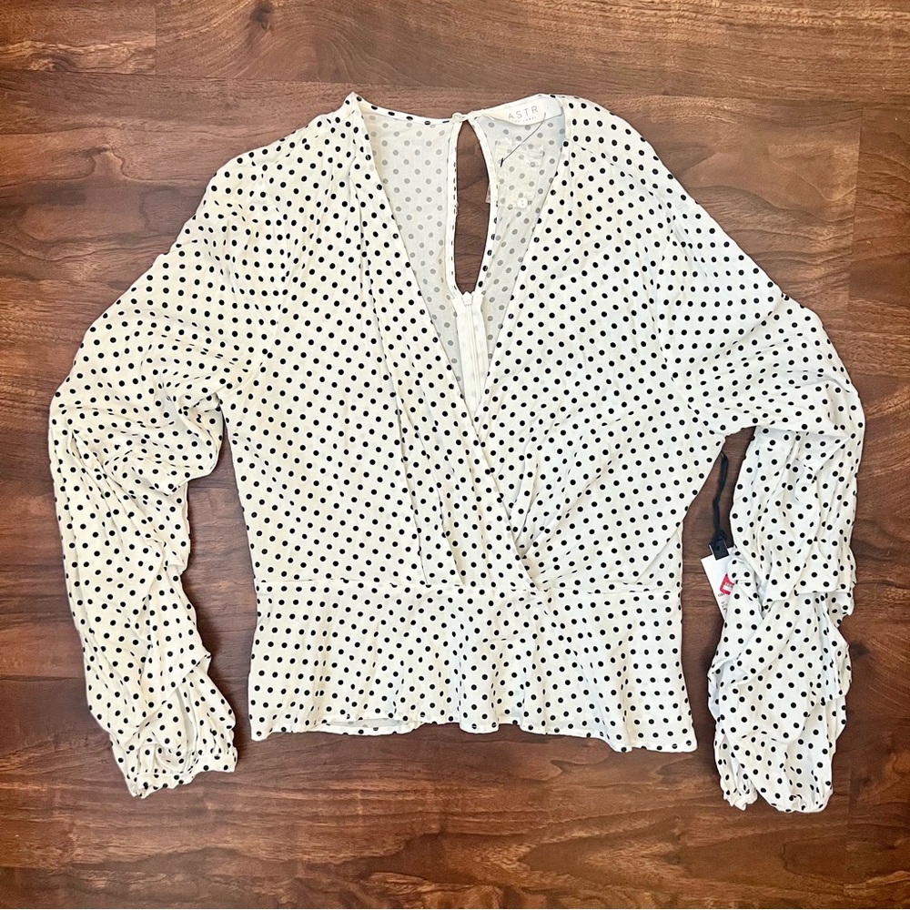 Astr White Polka Dot Peplum Wrap Blouse
